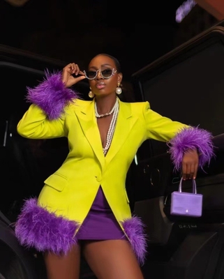 BA2236 Kimshein Yellow Fashion Feather Design Spring Autumn Sports Jacket for Performance Featuring Feather Decoration