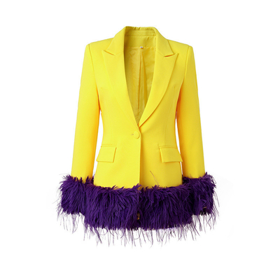 BA2236 Kimshein Yellow Fashion Feather Design Spring Autumn Sports Jacket for Performance Featuring Feather Decoration