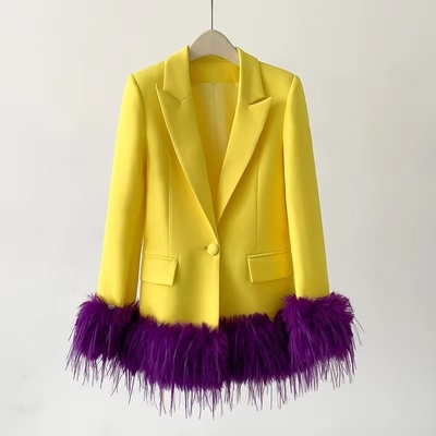 BA2236 Kimshein Yellow Fashion Feather Design Spring Autumn Sports Jacket for Performance Featuring Feather Decoration