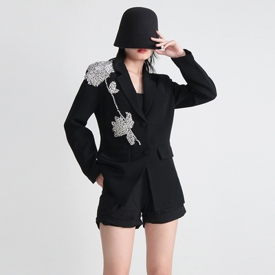Standard Thickness BA2216 Kimshein Black Suit Jacket with Crystal Flower Long Sleeves and Woven Weave