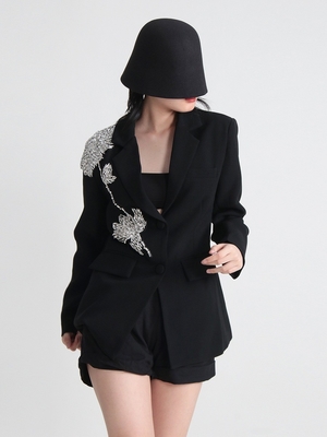 Standard Thickness BA2216 Kimshein Black Suit Jacket with Crystal Flower Long Sleeves and Woven Weave