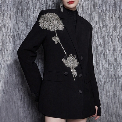 Standard Thickness BA2216 Kimshein Black Suit Jacket with Crystal Flower Long Sleeves and Woven Weave