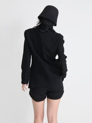 Standard Thickness BA2216 Kimshein Black Suit Jacket with Crystal Flower Long Sleeves and Woven Weave