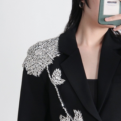 Standard Thickness BA2216 Kimshein Black Suit Jacket with Crystal Flower Long Sleeves and Woven Weave