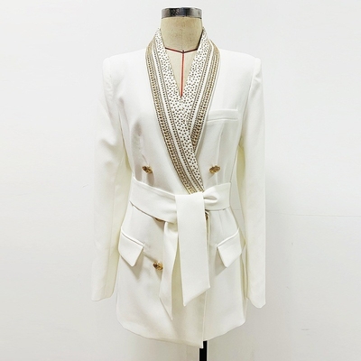 White Sport Jacket with Luxurious Beaded Embellishments and Belt Standard Thickness