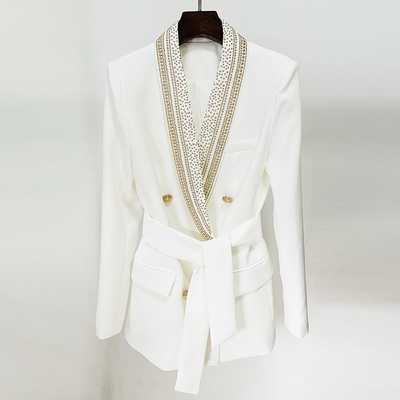 White Sport Jacket with Luxurious Beaded Embellishments and Belt Standard Thickness