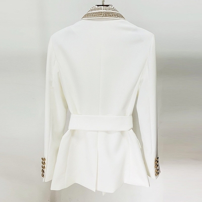 White Sport Jacket with Luxurious Beaded Embellishments and Belt Standard Thickness
