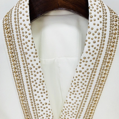 White Sport Jacket with Luxurious Beaded Embellishments and Belt Standard Thickness