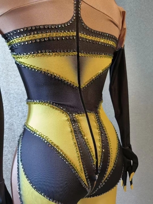 AD1741 Gold Sin High Elasticity Women's Jumpsuit with Handmade Crystal Beaded Nightclub Set Long Pants Polyester Spandex