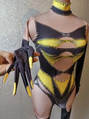 AD1741 Gold Sin High Elasticity Women's Jumpsuit with Handmade Crystal Beaded Nightclub Set Long Pants Polyester Spandex