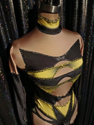 AD1741 Gold Sin High Elasticity Women's Jumpsuit with Handmade Crystal Beaded Nightclub Set Long Pants Polyester Spandex