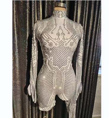 AD1738 Stylish Women's Summer Sexy Dance Party Long Sleeve Jumpsuit with Sparkling Gems