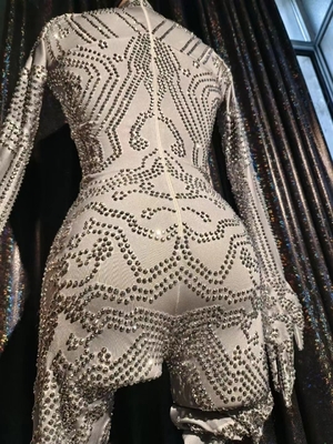 AD1738 Stylish Women's Summer Sexy Dance Party Long Sleeve Jumpsuit with Sparkling Gems
