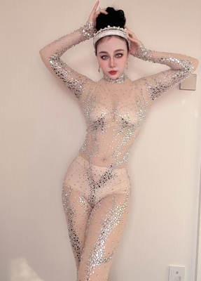 Kimshein AD1731 Women's Birthday Sexy Crystal Jumpsuit Regular Sleeve Dress Game Set with Quick-Drying Performance