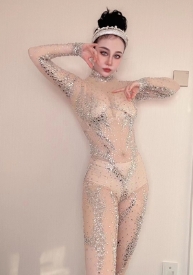 Kimshein AD1731 Women's Birthday Sexy Crystal Jumpsuit Regular Sleeve Dress Game Set with Quick-Drying Performance
