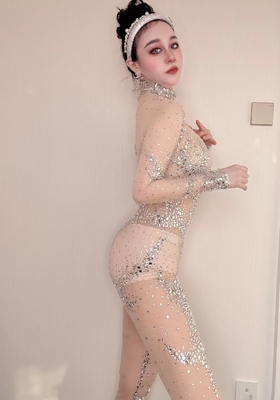 Kimshein AD1731 Women's Birthday Sexy Crystal Jumpsuit Regular Sleeve Dress Game Set with Quick-Drying Performance
