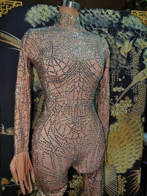 Summer Must-Have AD1719 Women's Tight Bodysuit with Mesh Fabric and Beaded Decoration