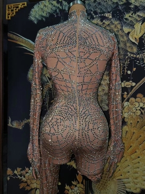 Summer Must-Have AD1719 Women's Tight Bodysuit with Mesh Fabric and Beaded Decoration