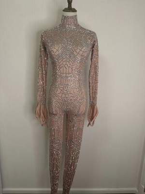 Summer Must-Have AD1719 Women's Tight Bodysuit with Mesh Fabric and Beaded Decoration