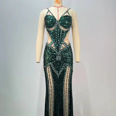 ED2719 Luxury Crystal Shimmer Green Diamond Sexy Tight Dance Party Dress with Customizable Logo and Graphics