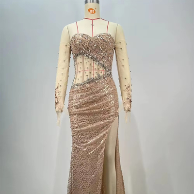 ED2717 Luxurious Evening Dress with Mesh Fabric end Cocktail Dress Water Diamond and Fashionable Gloves Natural Waistline