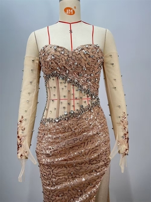 ED2717 Luxurious Evening Dress with Mesh Fabric end Cocktail Dress Water Diamond and Fashionable Gloves Natural Waistline