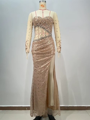 ED2717 Luxurious Evening Dress with Mesh Fabric end Cocktail Dress Water Diamond and Fashionable Gloves Natural Waistline