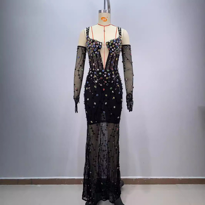 ED2716 Customizable Logo and Design Fashionable and Sophisticated Crystal Mesh Evening Dress for Birthdays and Parties