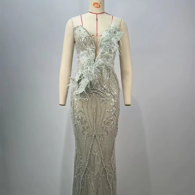 Exquisite Embroidered Deep V-neck Feather Sequin Strapless Evening Dress with Protective Cover and Non-woven Fabric