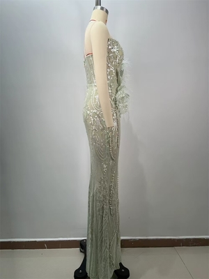 Exquisite Embroidered Deep V-neck Feather Sequin Strapless Evening Dress with Protective Cover and Non-woven Fabric
