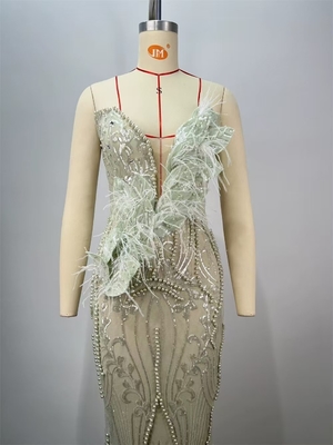 Exquisite Embroidered Deep V-neck Feather Sequin Strapless Evening Dress with Protective Cover and Non-woven Fabric