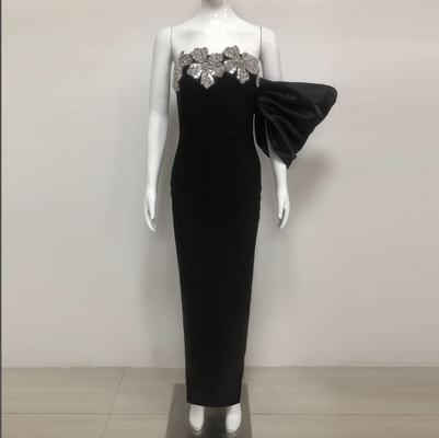 SB3376 Elegant Black Crystal Flower Maxi Dress Slim Fit and Strapless Design with Ultra Thin Size Description