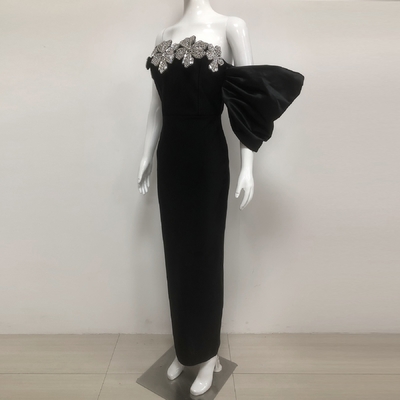 SB3376 Elegant Black Crystal Flower Maxi Dress Slim Fit and Strapless Design with Ultra Thin Size Description