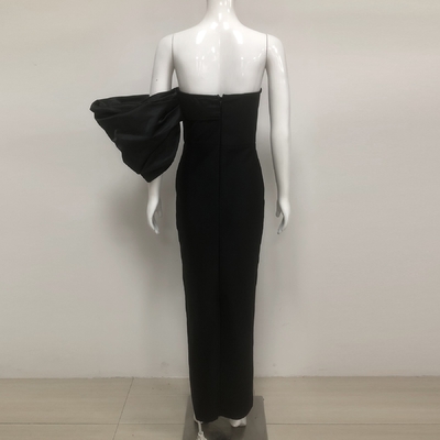 SB3376 Elegant Black Crystal Flower Maxi Dress Slim Fit and Strapless Design with Ultra Thin Size Description