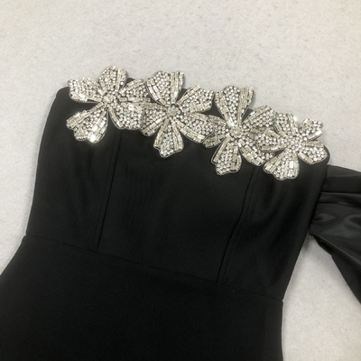 SB3376 Elegant Black Crystal Flower Maxi Dress Slim Fit and Strapless Design with Ultra Thin Size Description