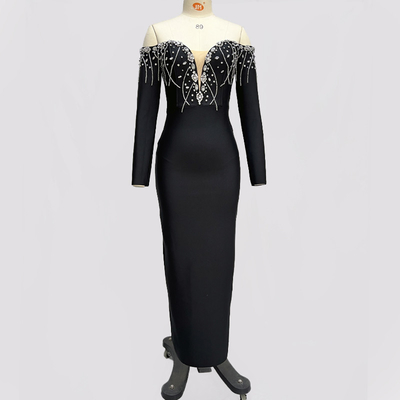 Elegant Black LS2628 Spring Cocktail Party Dress with Shiny Crystal Beaded Fringe and Unique Long Sleeves Bandage Dress