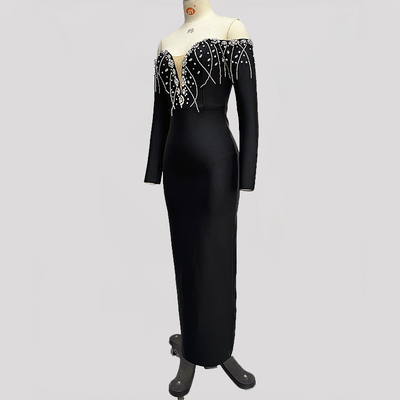 Elegant Black LS2628 Spring Cocktail Party Dress with Shiny Crystal Beaded Fringe and Unique Long Sleeves Bandage Dress