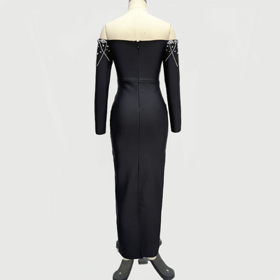 Elegant Black LS2628 Spring Cocktail Party Dress with Shiny Crystal Beaded Fringe and Unique Long Sleeves Bandage Dress