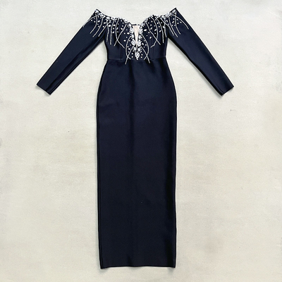 Elegant Black LS2628 Spring Cocktail Party Dress with Shiny Crystal Beaded Fringe and Unique Long Sleeves Bandage Dress