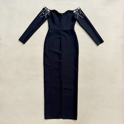 Elegant Black LS2628 Spring Cocktail Party Dress with Shiny Crystal Beaded Fringe and Unique Long Sleeves Bandage Dress