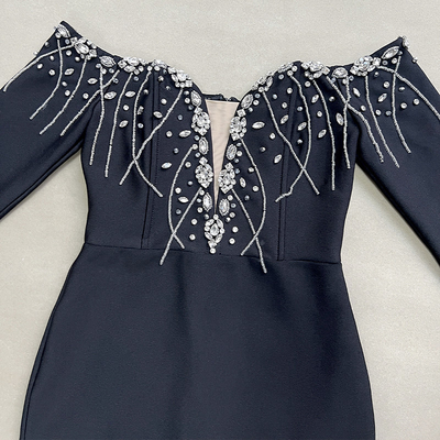Elegant Black LS2628 Spring Cocktail Party Dress with Shiny Crystal Beaded Fringe and Unique Long Sleeves Bandage Dress