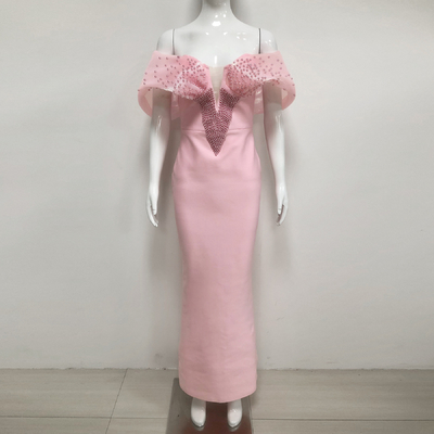 SB3371 Kimshein End Fashion Off-Shoulder Dress with Pearl Embellishments Built-in Bra and Customizable Logo Position