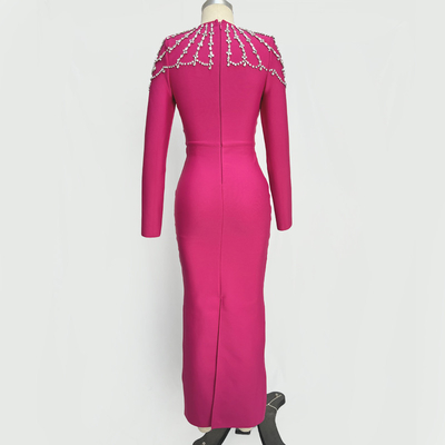 Kimshein LS2618 Crystal Diamond Bandage Tight Long Sleeve Floor-Length Dress for Women's Fashion Party Elegant Long Dress