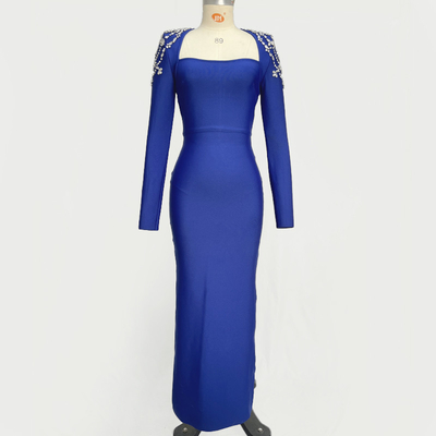 Kimshein LS2618 Crystal Diamond Bandage Tight Long Sleeve Floor-Length Dress for Women's Fashion Party Elegant Long Dress