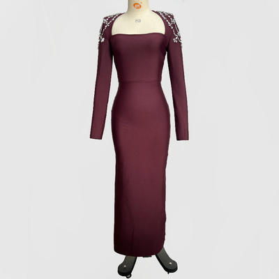Kimshein LS2618 Crystal Diamond Bandage Tight Long Sleeve Floor-Length Dress for Women's Fashion Party Elegant Long Dress
