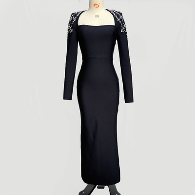 Kimshein LS2618 Crystal Diamond Bandage Tight Long Sleeve Floor-Length Dress for Women's Fashion Party Elegant Long Dress