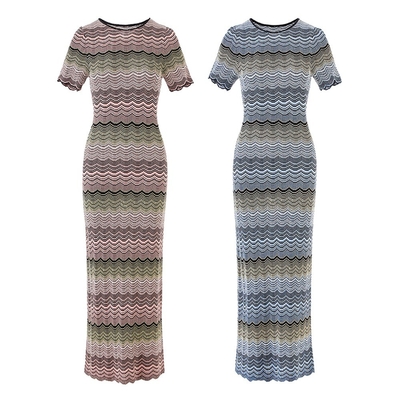 7-Day Fast Sampling KD2357 Summer O-Neck Striped Knit Dress for Women Elegant and Slim-Fit Short-Sleeved Long Dress