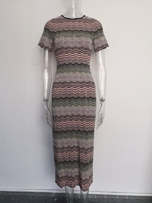 7-Day Fast Sampling KD2357 Summer O-Neck Striped Knit Dress for Women Elegant and Slim-Fit Short-Sleeved Long Dress