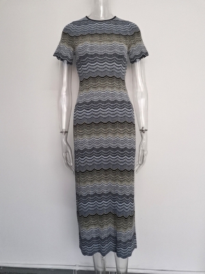 7-Day Fast Sampling KD2357 Summer O-Neck Striped Knit Dress for Women Elegant and Slim-Fit Short-Sleeved Long Dress