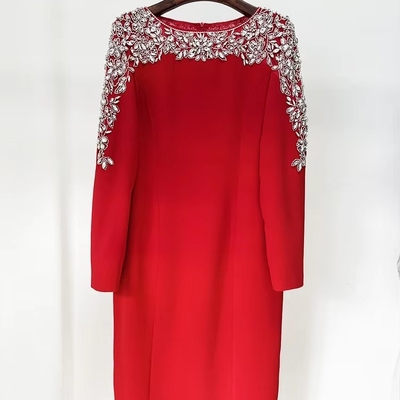 Natural Waistline LS2633 Fashionable Luxurious Beaded Long Sleeve Crystal Decorated Midi Dress for Nightclub Clothing Customizable Emblem